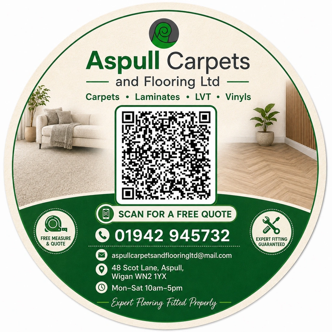 Aspull Carpets QR coaster front design